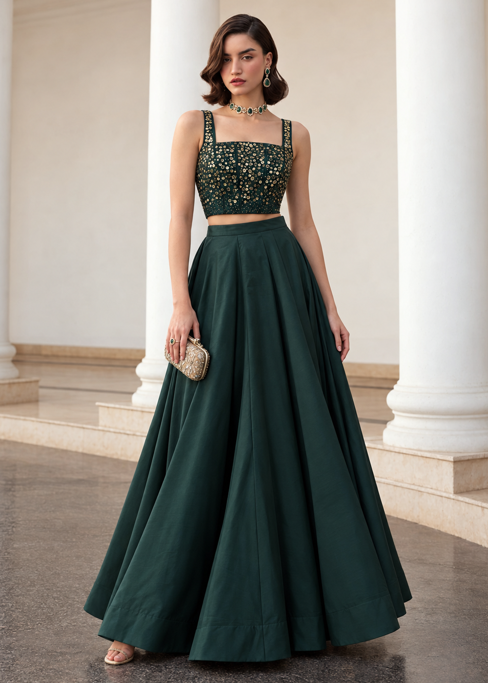Buy Now Green Crop Top Style Silk Party Wear Lehenga Set Online in USA, UK, France, Swiss, Netherlands, Germany, Italy, Qatar, Sweden &amp; Worldwide at Empress.