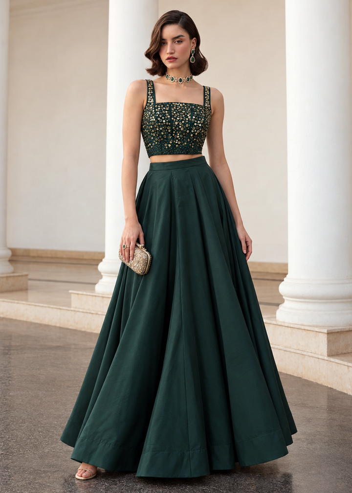 Buy Now Green Crop Top Style Silk Party Wear Lehenga Set Online in USA, UK, France, Swiss, Netherlands, Germany, Italy, Qatar, Sweden &amp; Worldwide at Empress.
