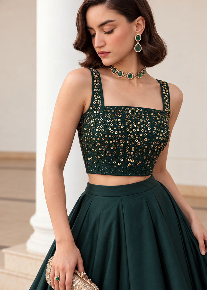Buy Now Green Crop Top Style Silk Party Wear Lehenga Set Online in USA, UK, France, Swiss, Netherlands, Germany, Italy, Qatar, Sweden &amp; Worldwide at Empress.