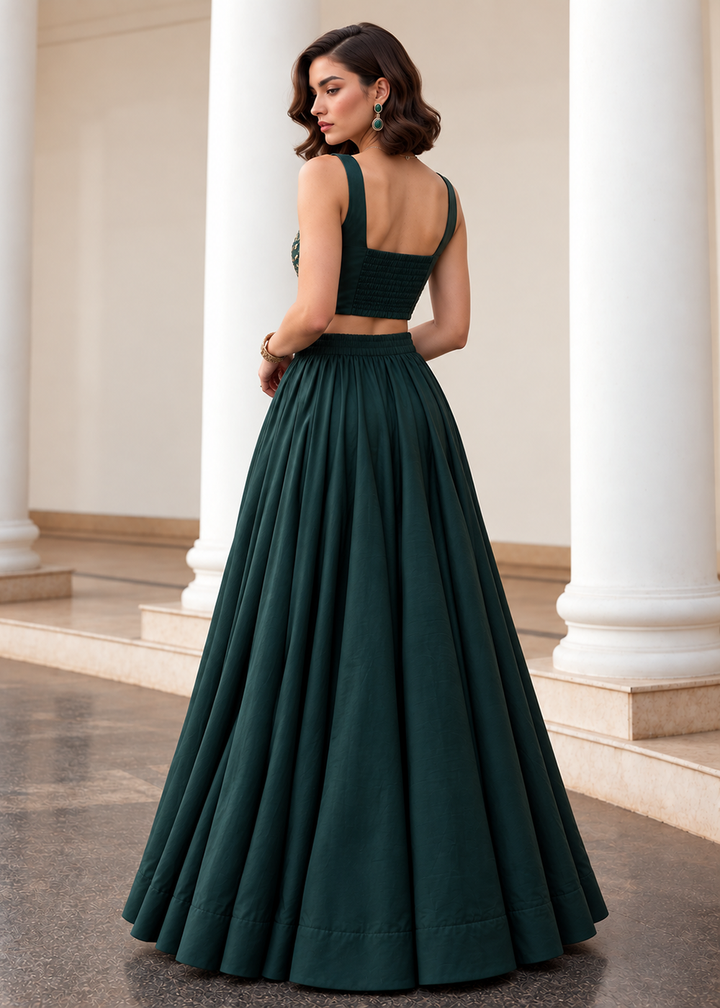 Buy Now Green Crop Top Style Silk Party Wear Lehenga Set Online in USA, UK, France, Swiss, Netherlands, Germany, Italy, Qatar, Sweden &amp; Worldwide at Empress.