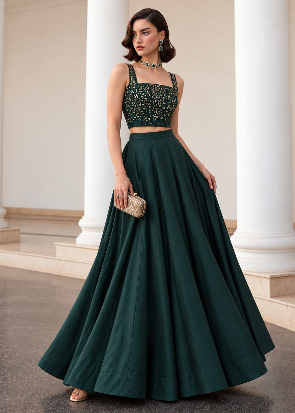 Buy Now Green Crop Top Style Silk Party Wear Lehenga Set Online in USA, UK, France, Swiss, Netherlands, Germany, Italy, Qatar, Sweden &amp; Worldwide at Empress.
