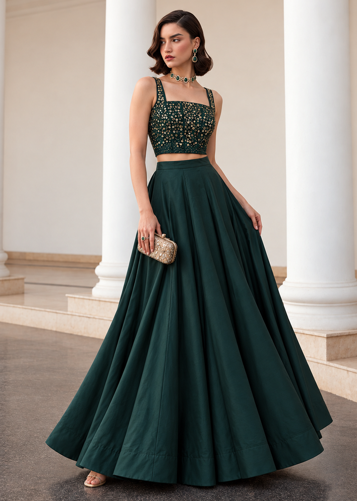 Buy Now Green Crop Top Style Silk Party Wear Lehenga Set Online in USA, UK, France, Swiss, Netherlands, Germany, Italy, Qatar, Sweden &amp; Worldwide at Empress.