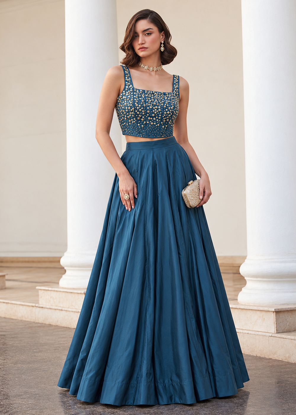 Buy Now Teal Blue Crop Top Style Silk Party Wear Lehenga Set Online in USA, UK, France, Swiss, Netherlands, Germany, Italy, Qatar, Sweden &amp; Worldwide at Empress.