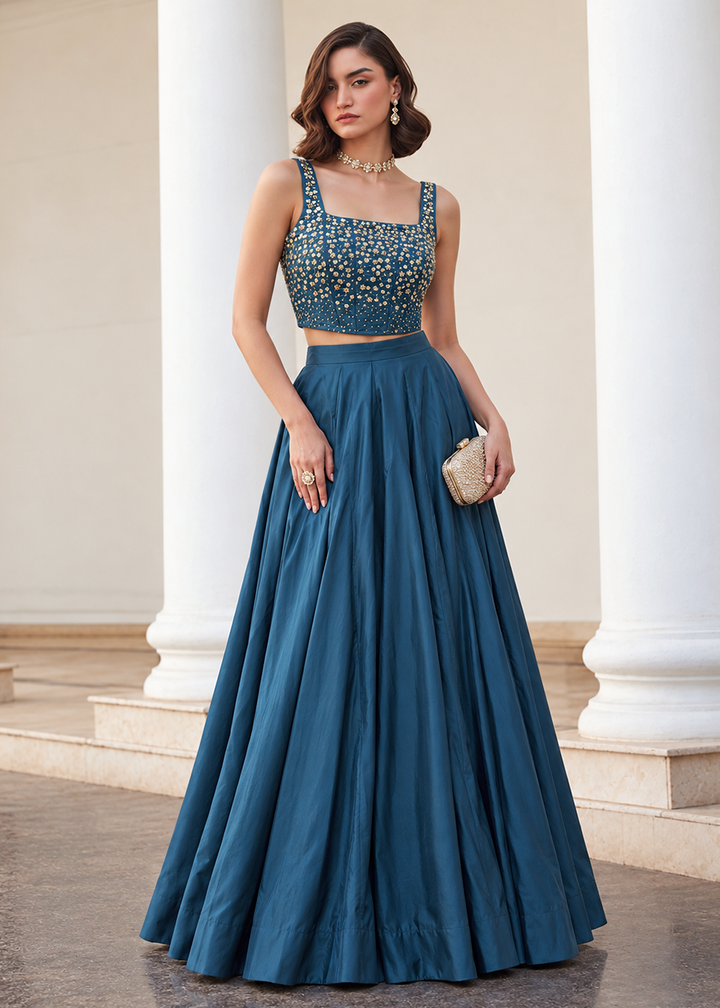 Buy Now Teal Blue Crop Top Style Silk Party Wear Lehenga Set Online in USA, UK, France, Swiss, Netherlands, Germany, Italy, Qatar, Sweden &amp; Worldwide at Empress.