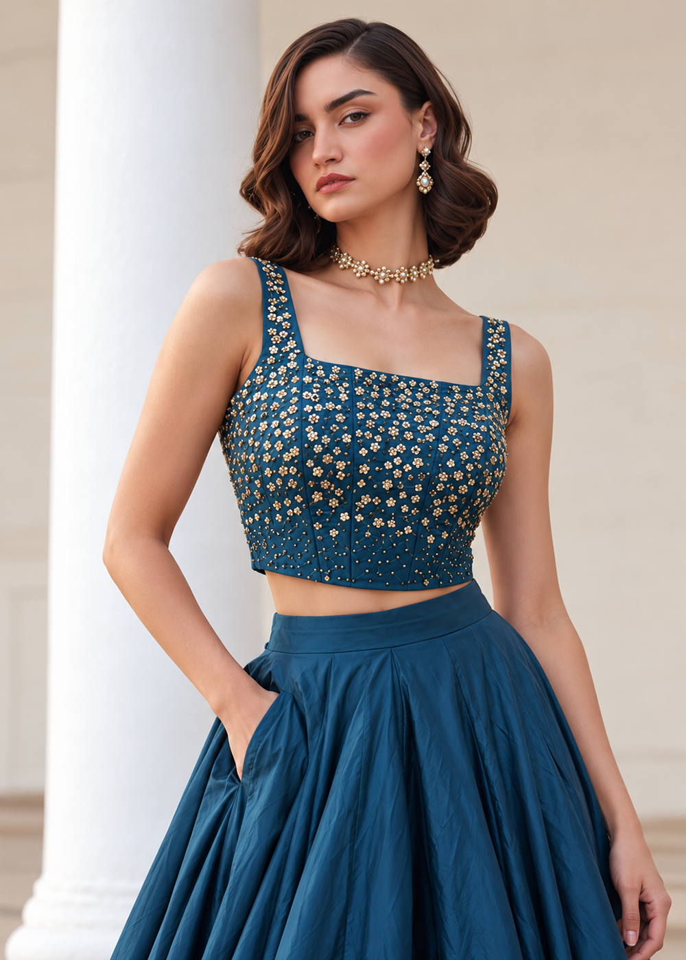 Buy Now Teal Blue Crop Top Style Silk Party Wear Lehenga Set Online in USA, UK, France, Swiss, Netherlands, Germany, Italy, Qatar, Sweden &amp; Worldwide at Empress.