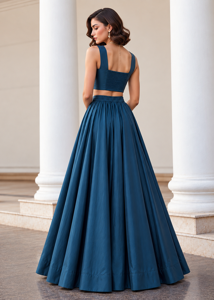 Buy Now Teal Blue Crop Top Style Silk Party Wear Lehenga Set Online in USA, UK, France, Swiss, Netherlands, Germany, Italy, Qatar, Sweden &amp; Worldwide at Empress.
