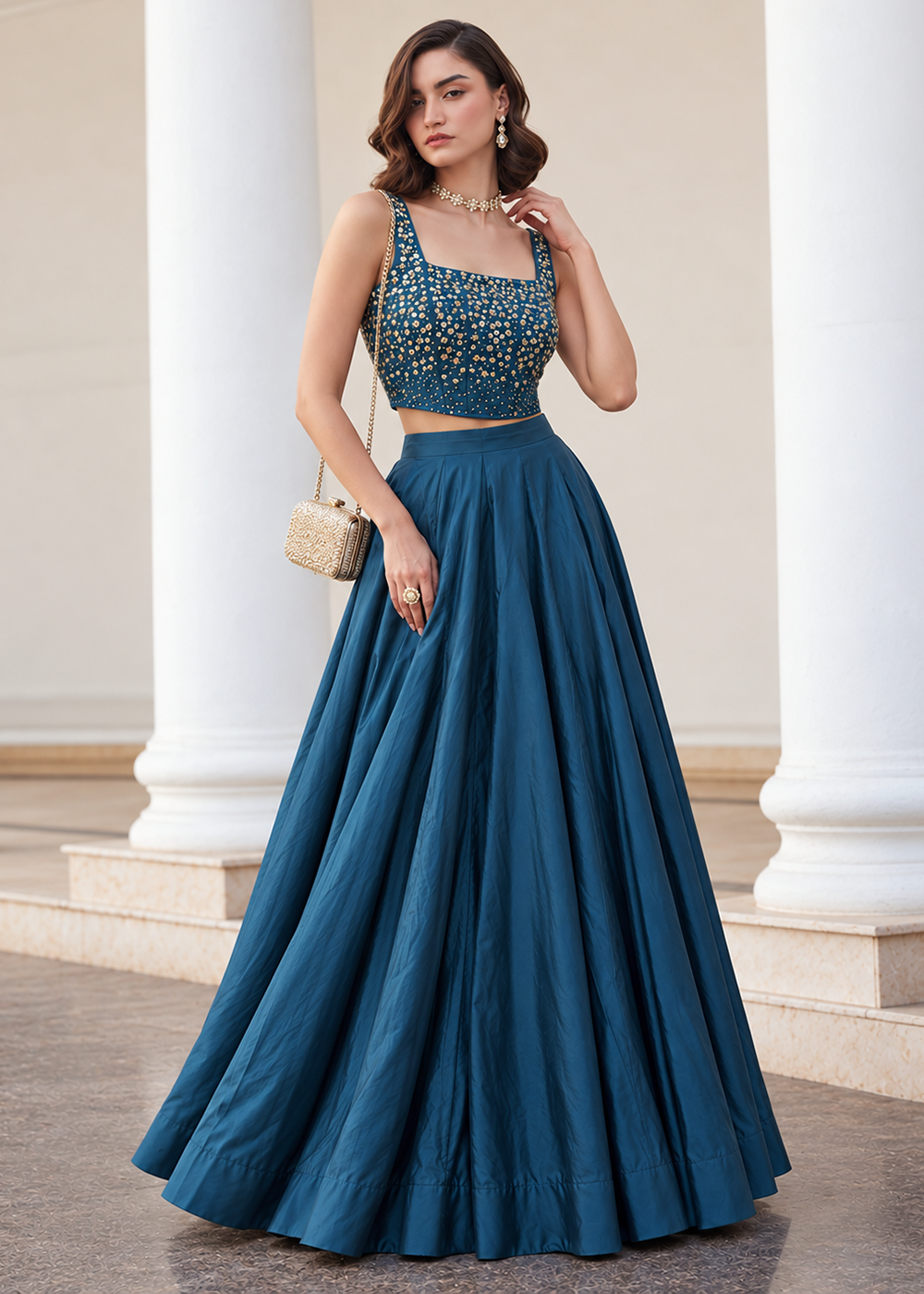 Buy Now Teal Blue Crop Top Style Silk Party Wear Lehenga Set Online in USA, UK, France, Swiss, Netherlands, Germany, Italy, Qatar, Sweden &amp; Worldwide at Empress.