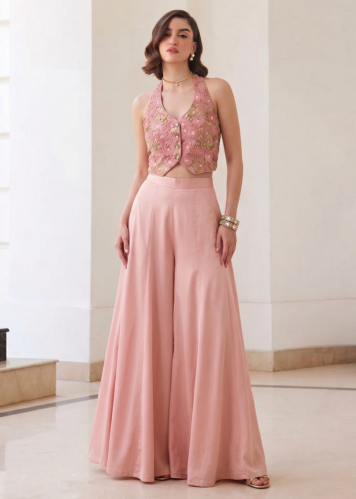 Buy Now Pink Soft Silk Waistcoat Style Indo Western Palazzo Dress Online in US, UK, Canada, Netherlands, Germany, Italy, France, UAE & Worldwide at Empress.