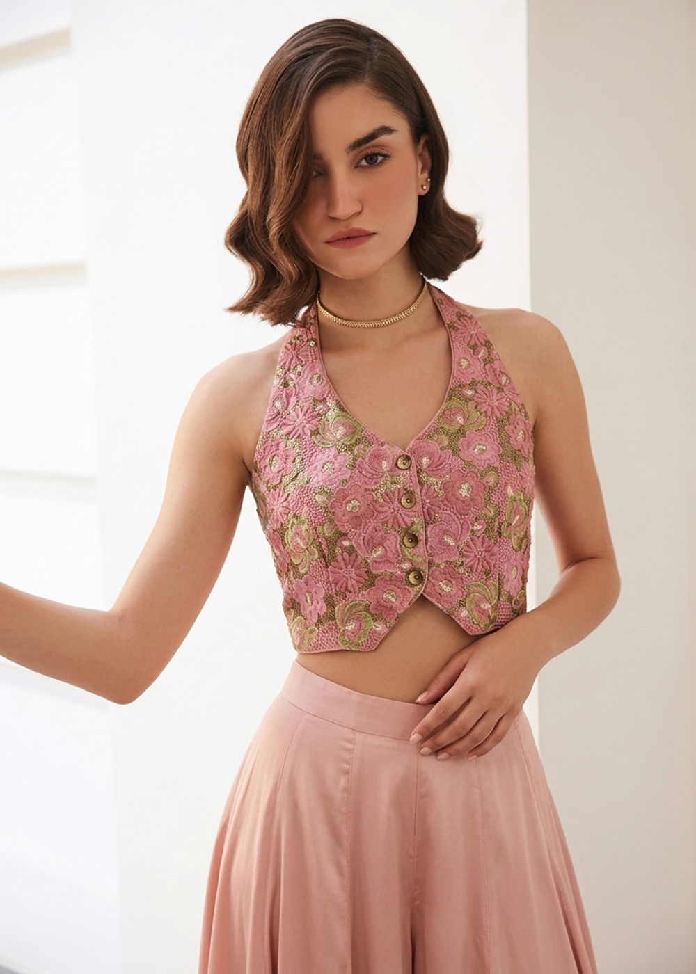 Buy Now Pink Soft Silk Waistcoat Style Indo Western Palazzo Dress Online in US, UK, Canada, Netherlands, Germany, Italy, France, UAE & Worldwide at Empress.