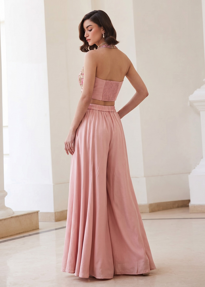 Buy Now Pink Soft Silk Waistcoat Style Indo Western Palazzo Dress Online in US, UK, Canada, Netherlands, Germany, Italy, France, UAE & Worldwide at Empress.