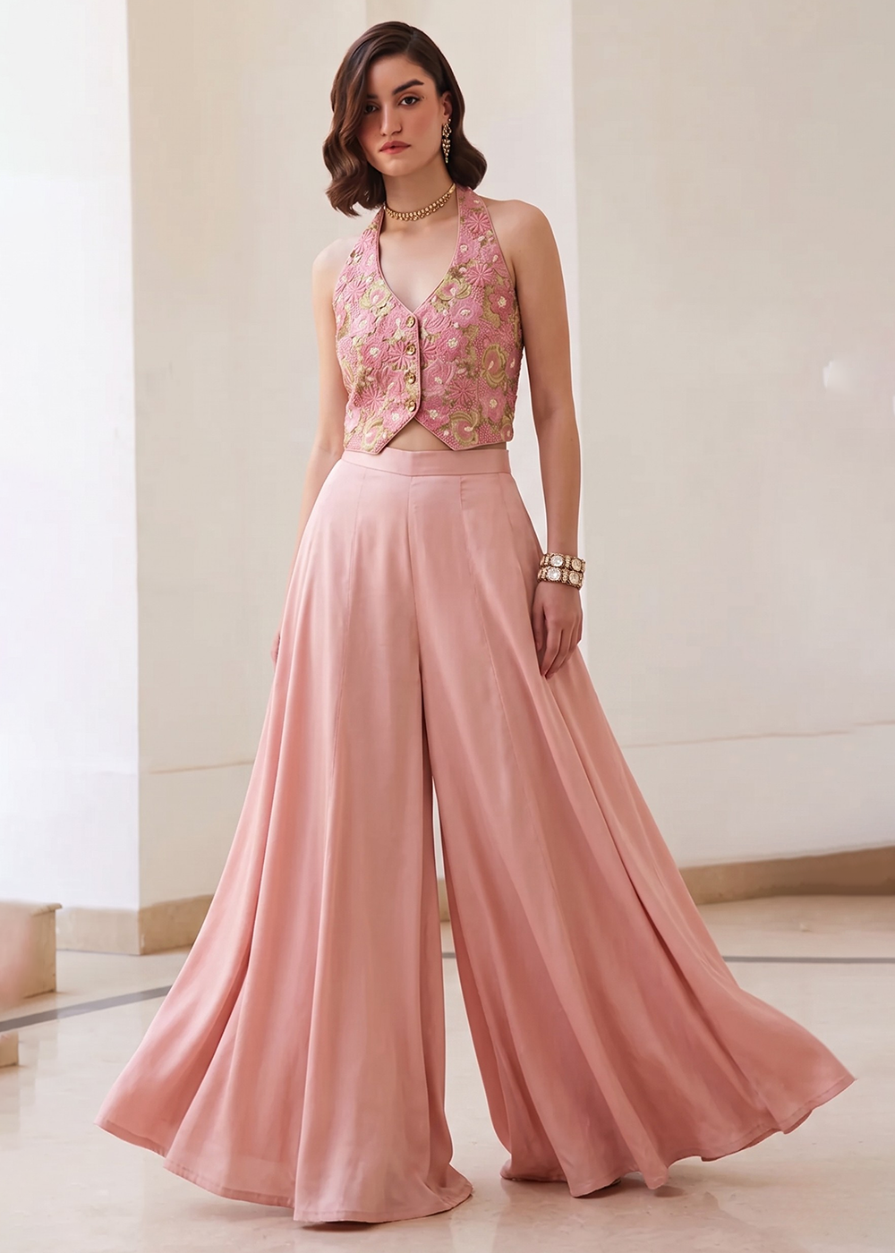 Buy Now Pink Soft Silk Waistcoat Style Indo Western Palazzo Dress Online in US, UK, Canada, Netherlands, Germany, Italy, France, UAE & Worldwide at Empress.