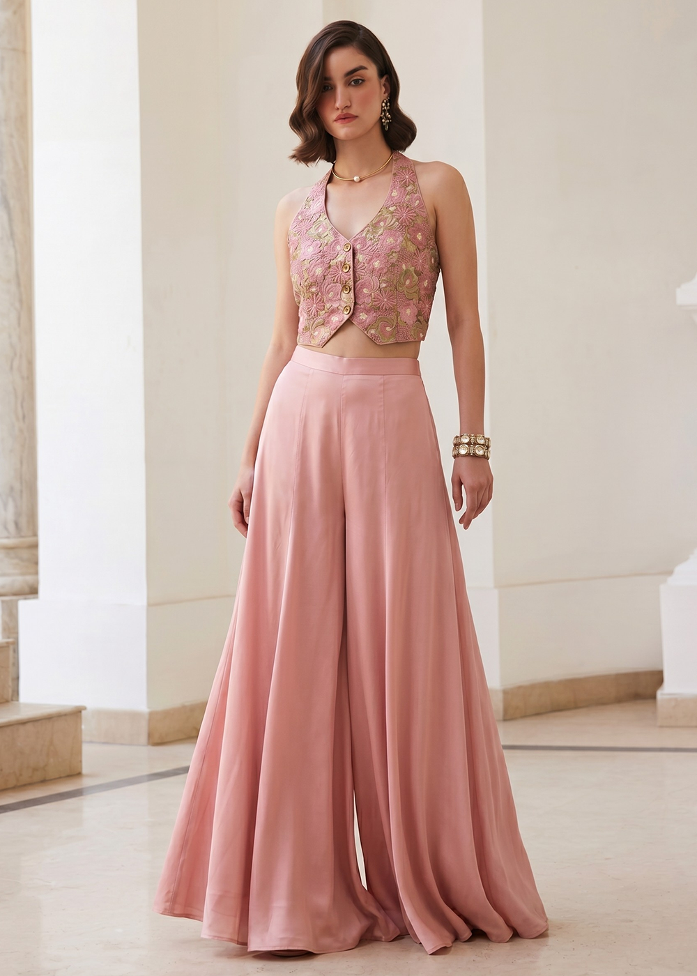 Buy Now Pink Soft Silk Waistcoat Style Indo Western Palazzo Dress Online in US, UK, Canada, Netherlands, Germany, Italy, France, UAE & Worldwide at Empress.
