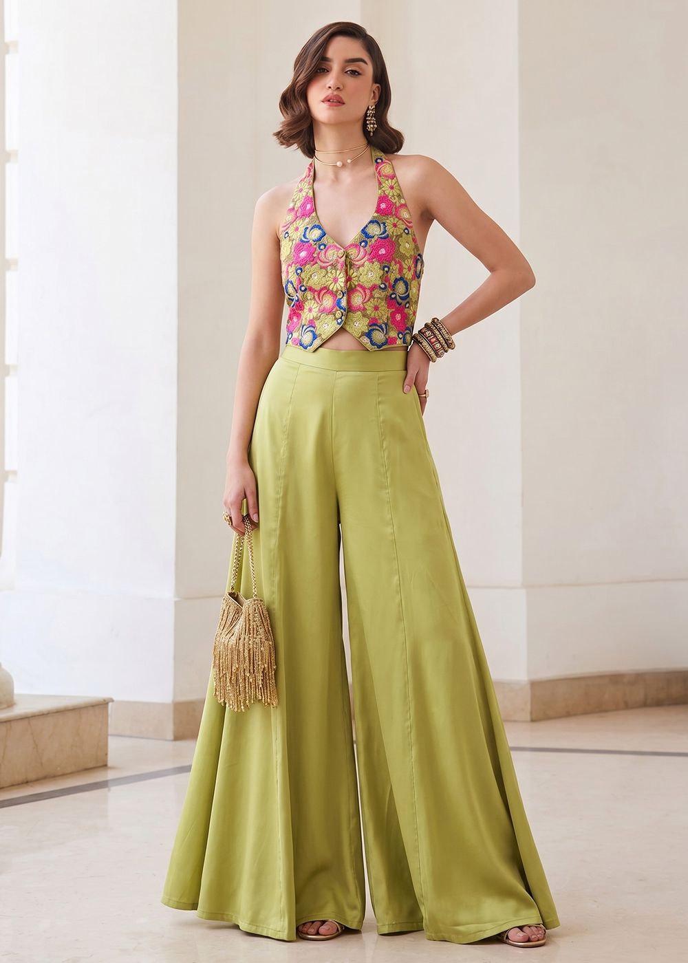 Buy Now Green Soft Silk Waistcoat Style Indo Western Palazzo Dress Online in US, UK, Canada, Netherlands, Germany, Italy, France, UAE & Worldwide at Empress.