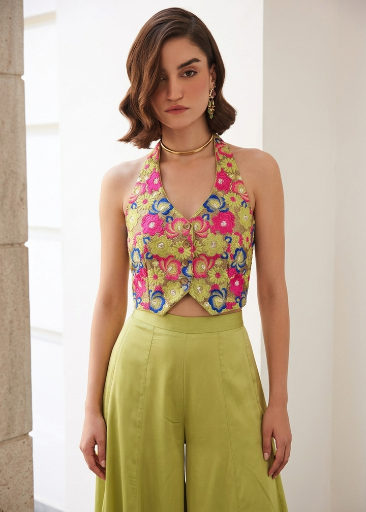 Buy Now Green Soft Silk Waistcoat Style Indo Western Palazzo Dress Online in US, UK, Canada, Netherlands, Germany, Italy, France, UAE & Worldwide at Empress.