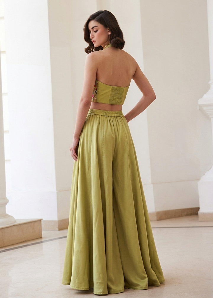 Buy Now Green Soft Silk Waistcoat Style Indo Western Palazzo Dress Online in US, UK, Canada, Netherlands, Germany, Italy, France, UAE & Worldwide at Empress.