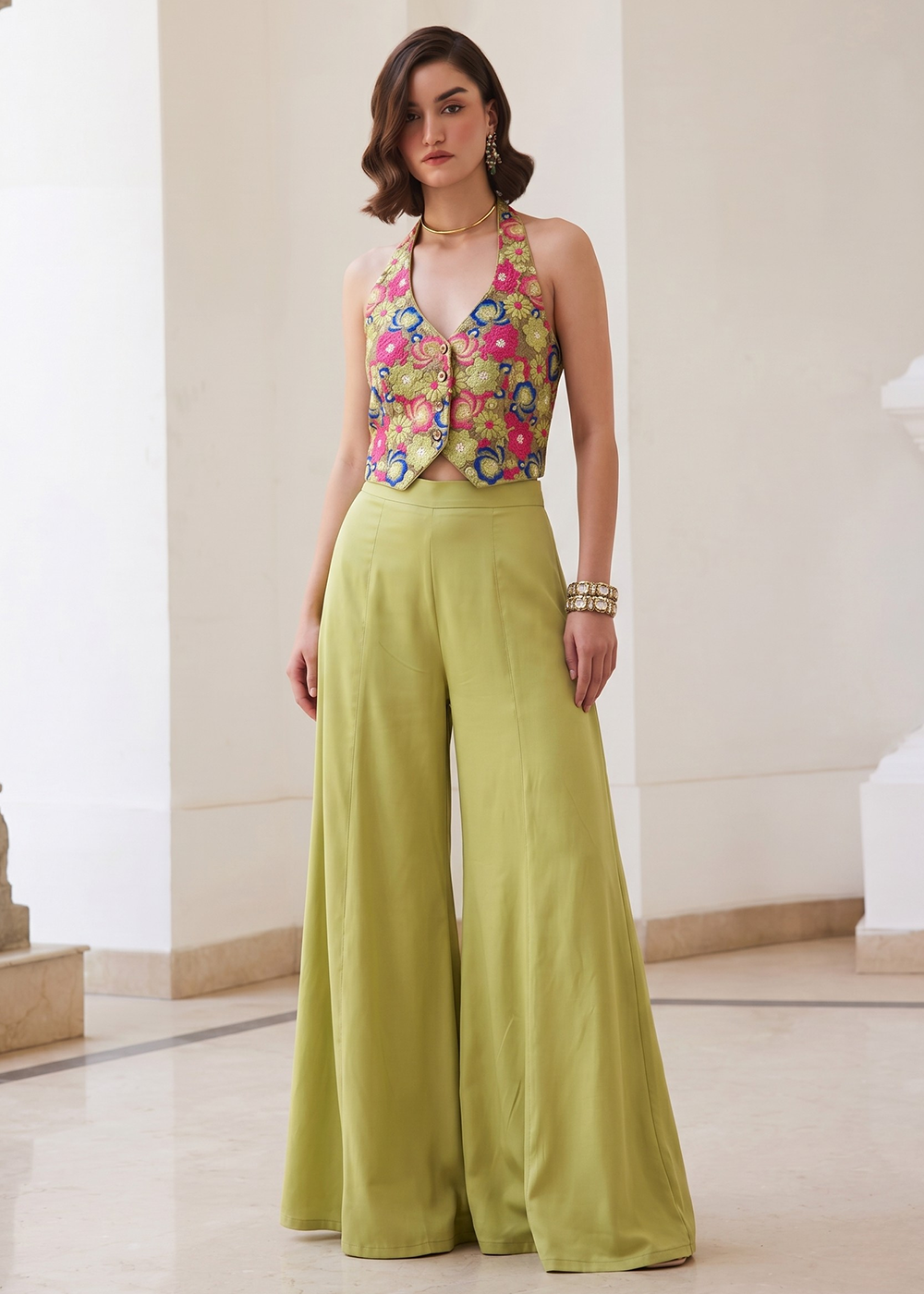 Buy Now Green Soft Silk Waistcoat Style Indo Western Palazzo Dress Online in US, UK, Canada, Netherlands, Germany, Italy, France, UAE & Worldwide at Empress.