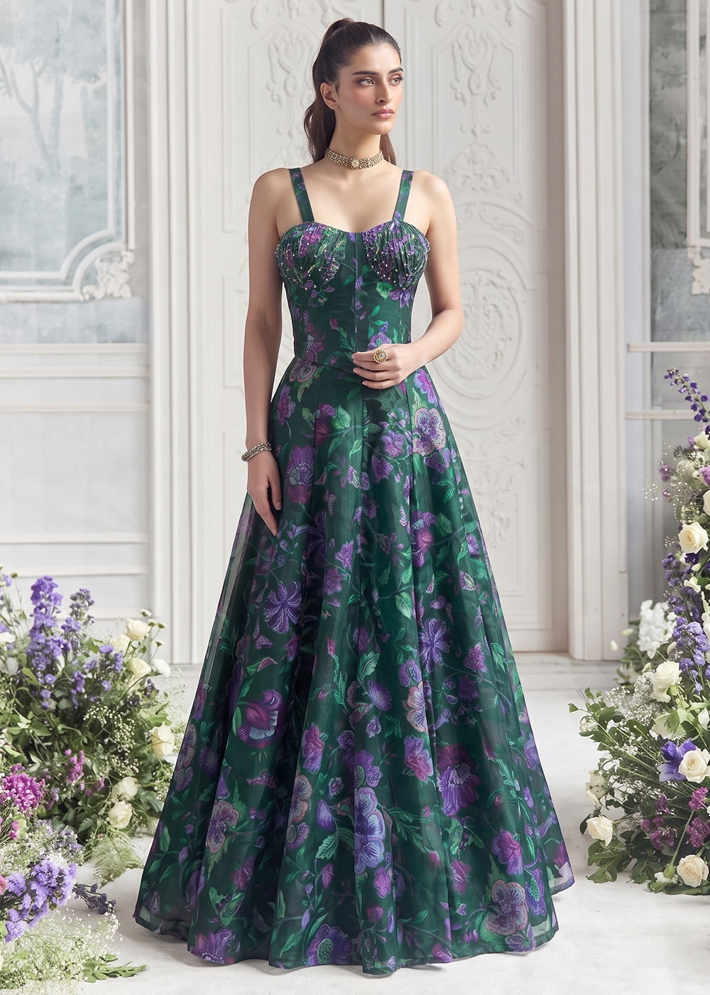 Buy Now Green Floral Tabby Organza Party Wear Lehenga Set Online in US, UK, Canada, France, Italy, Germany, Sweden, Austria, Switzerland &amp; Worldwide at Empress.