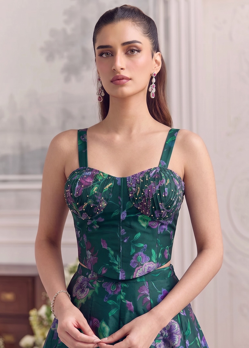 Buy Now Green Floral Tabby Organza Party Wear Lehenga Set Online in US, UK, Canada, France, Italy, Germany, Sweden, Austria, Switzerland &amp; Worldwide at Empress.