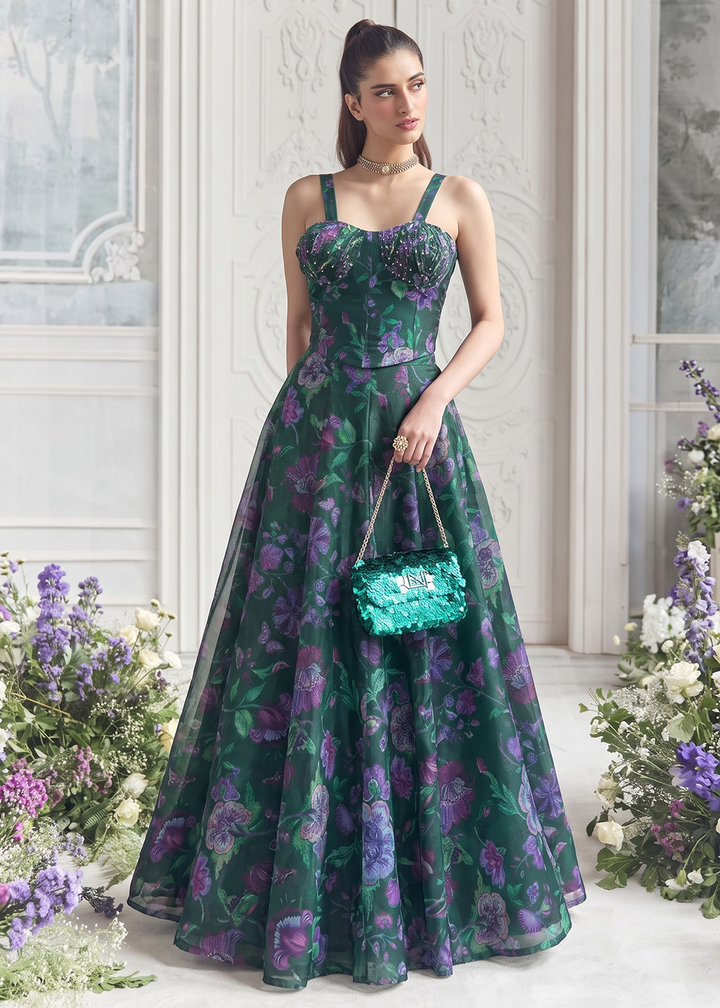 Buy Now Green Floral Tabby Organza Party Wear Lehenga Set Online in US, UK, Canada, France, Italy, Germany, Sweden, Austria, Switzerland &amp; Worldwide at Empress.