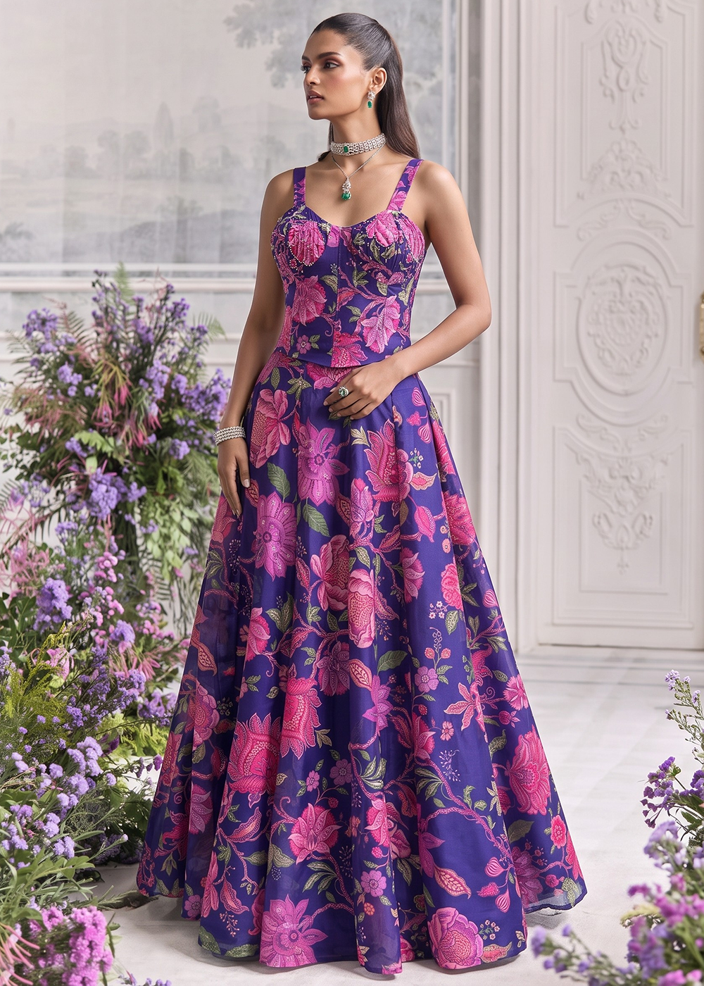 Buy Now Blue Floral Tabby Organza Party Wear Lehenga Set Online in US, UK, Canada, France, Italy, Germany, Sweden, Austria, Switzerland &amp; Worldwide at Empress.