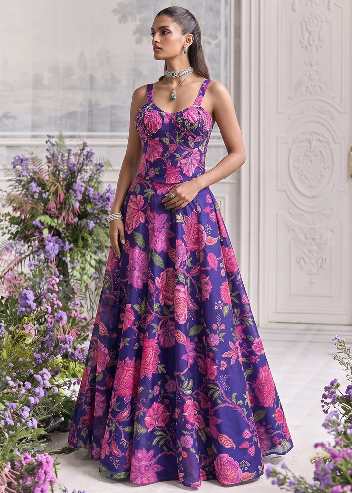 Buy Now Blue Floral Tabby Organza Party Wear Lehenga Set Online in US, UK, Canada, France, Italy, Germany, Sweden, Austria, Switzerland &amp; Worldwide at Empress.