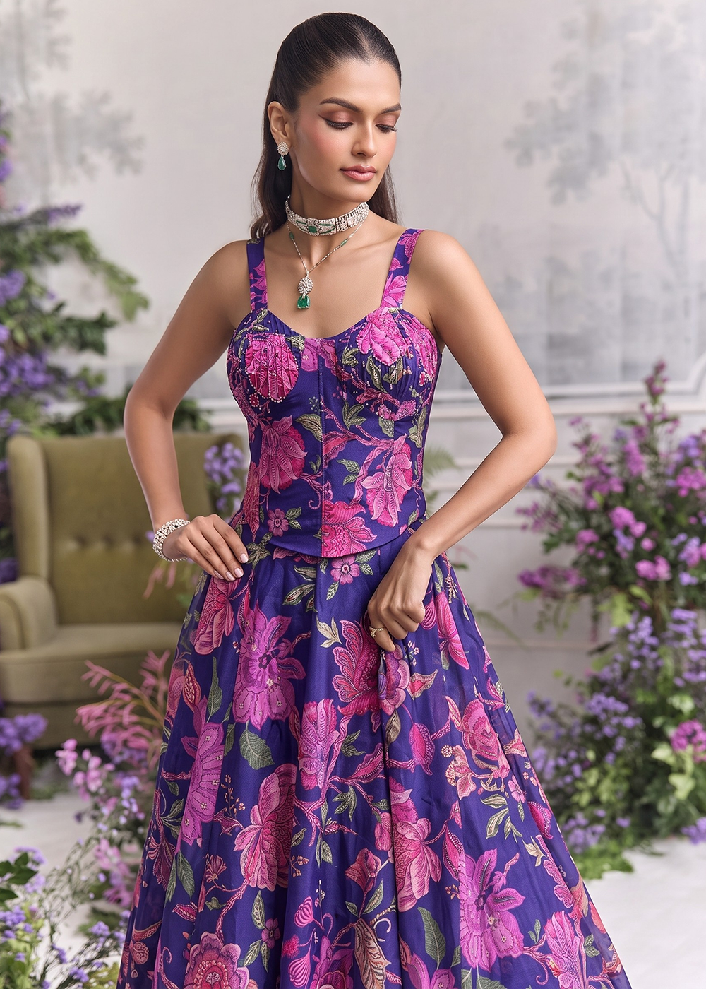 Buy Now Blue Floral Tabby Organza Party Wear Lehenga Set Online in US, UK, Canada, France, Italy, Germany, Sweden, Austria, Switzerland &amp; Worldwide at Empress.