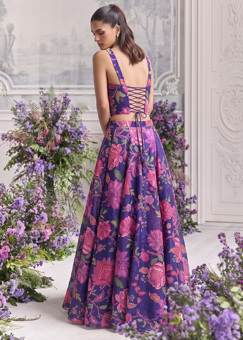 Buy Now Blue Floral Tabby Organza Party Wear Lehenga Set Online in US, UK, Canada, France, Italy, Germany, Sweden, Austria, Switzerland &amp; Worldwide at Empress.