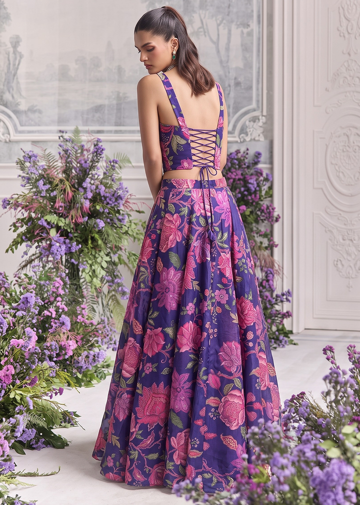 Buy Now Blue Floral Tabby Organza Party Wear Lehenga Set Online in US, UK, Canada, France, Italy, Germany, Sweden, Austria, Switzerland &amp; Worldwide at Empress.