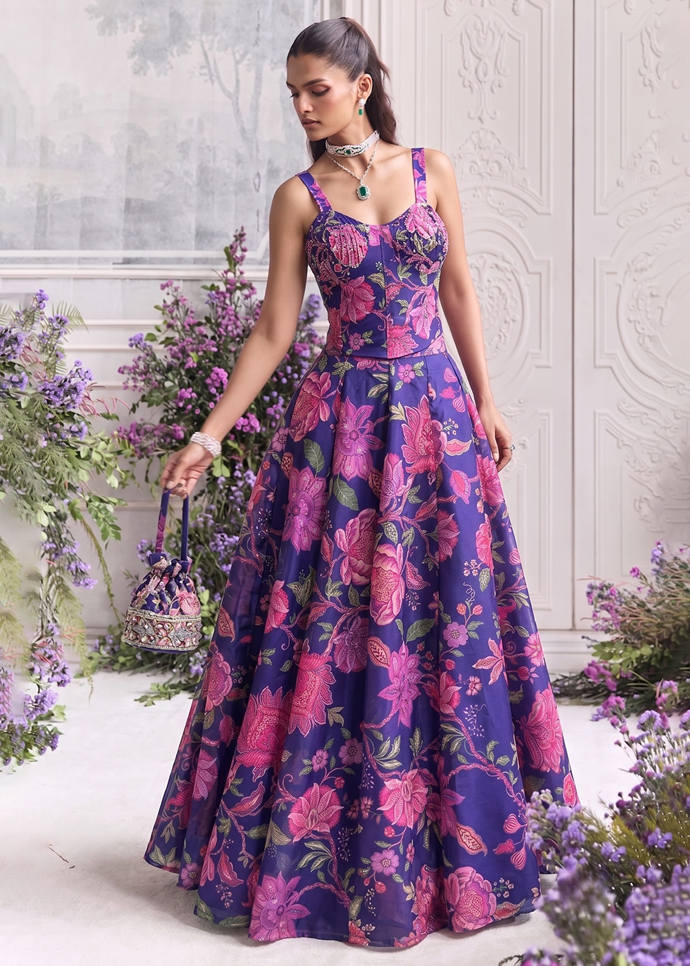 Buy Now Blue Floral Tabby Organza Party Wear Lehenga Set Online in US, UK, Canada, France, Italy, Germany, Sweden, Austria, Switzerland &amp; Worldwide at Empress.