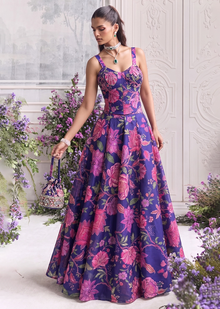 Buy Now Blue Floral Tabby Organza Party Wear Lehenga Set Online in US, UK, Canada, France, Italy, Germany, Sweden, Austria, Switzerland &amp; Worldwide at Empress.