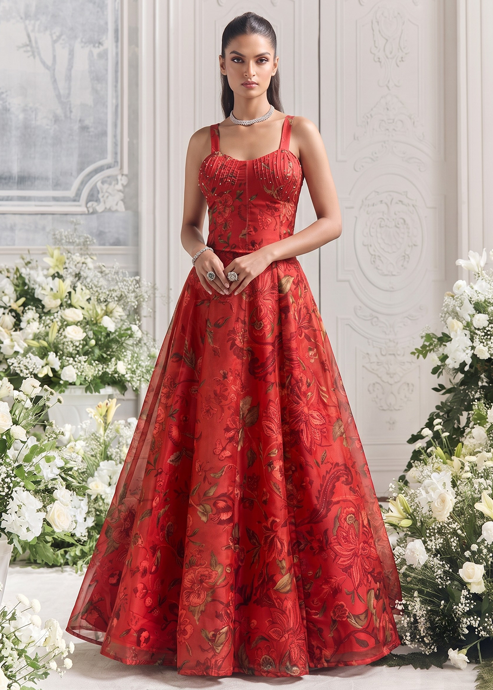 Buy Now Red Floral Tabby Organza Party Wear Lehenga Set Online in US, UK, Canada, France, Italy, Germany, Sweden, Austria, Switzerland &amp; Worldwide at Empress.