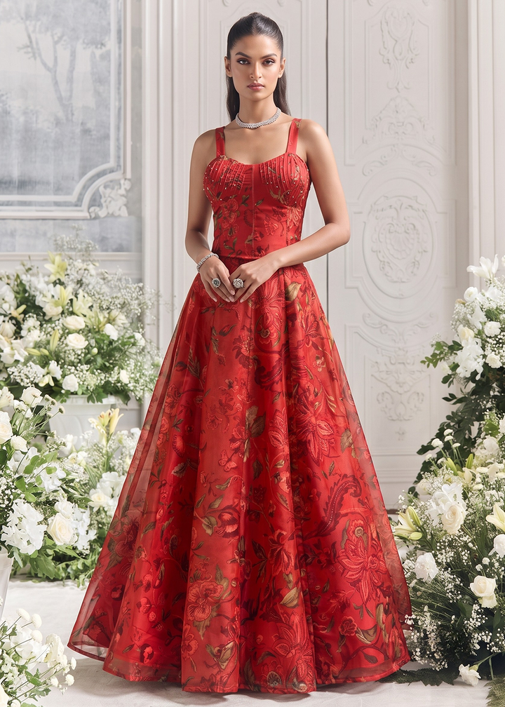 Buy Now Red Floral Tabby Organza Party Wear Lehenga Set Online in US, UK, Canada, France, Italy, Germany, Sweden, Austria, Switzerland &amp; Worldwide at Empress.
