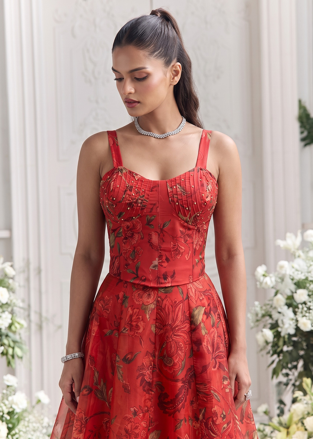 Buy Now Red Floral Tabby Organza Party Wear Lehenga Set Online in US, UK, Canada, France, Italy, Germany, Sweden, Austria, Switzerland &amp; Worldwide at Empress.