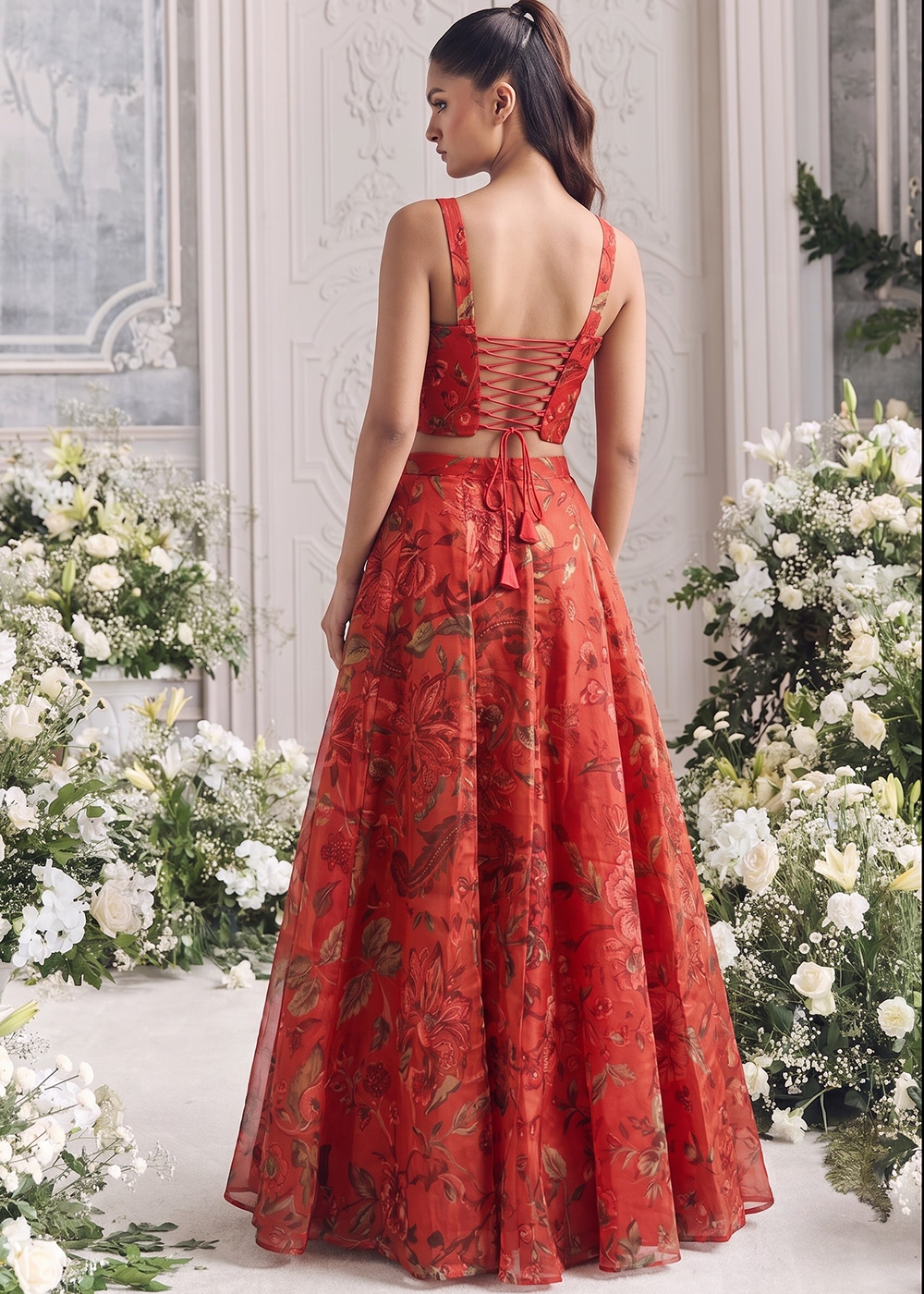 Buy Now Red Floral Tabby Organza Party Wear Lehenga Set Online in US, UK, Canada, France, Italy, Germany, Sweden, Austria, Switzerland &amp; Worldwide at Empress.