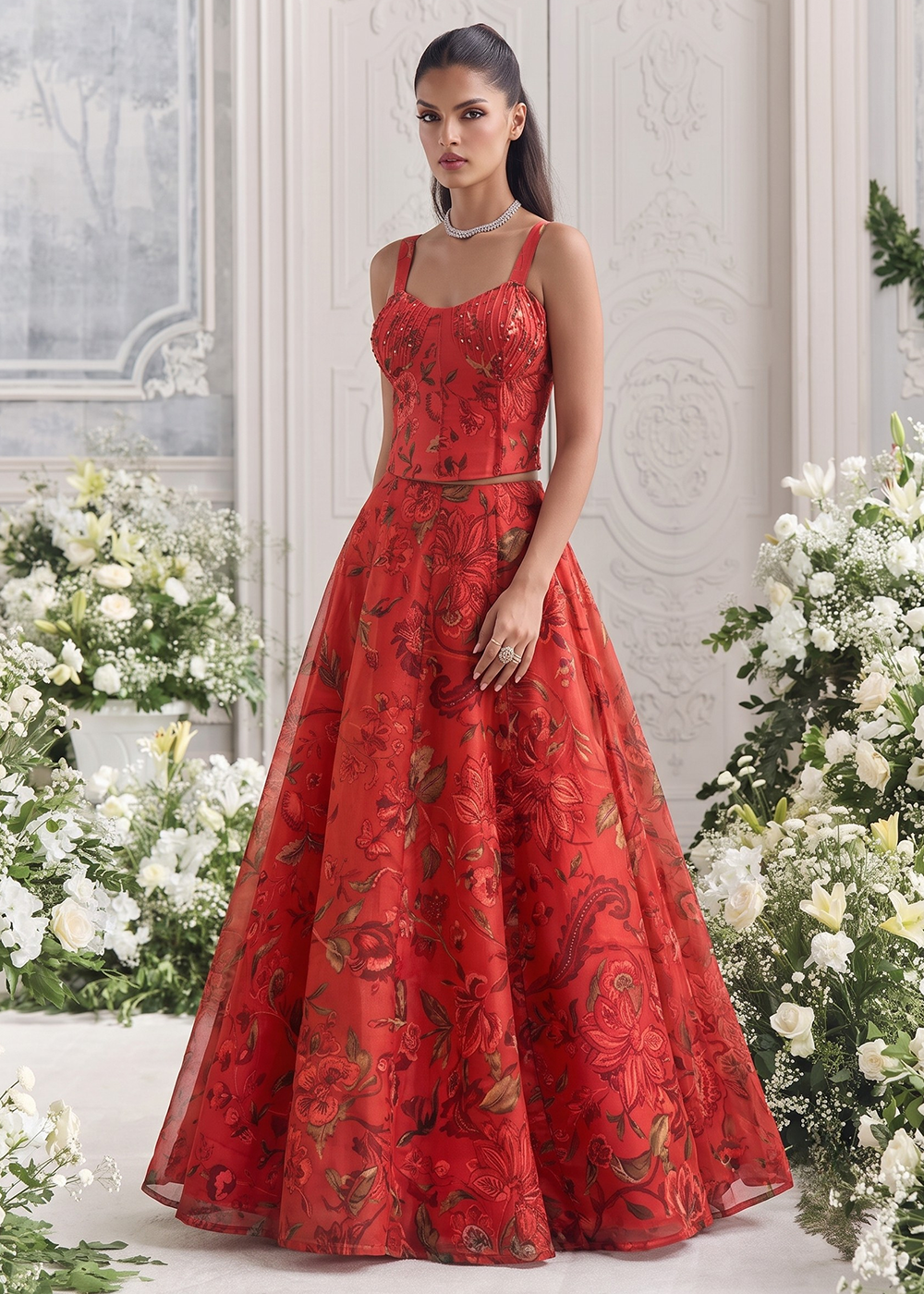 Buy Now Red Floral Tabby Organza Party Wear Lehenga Set Online in US, UK, Canada, France, Italy, Germany, Sweden, Austria, Switzerland &amp; Worldwide at Empress.