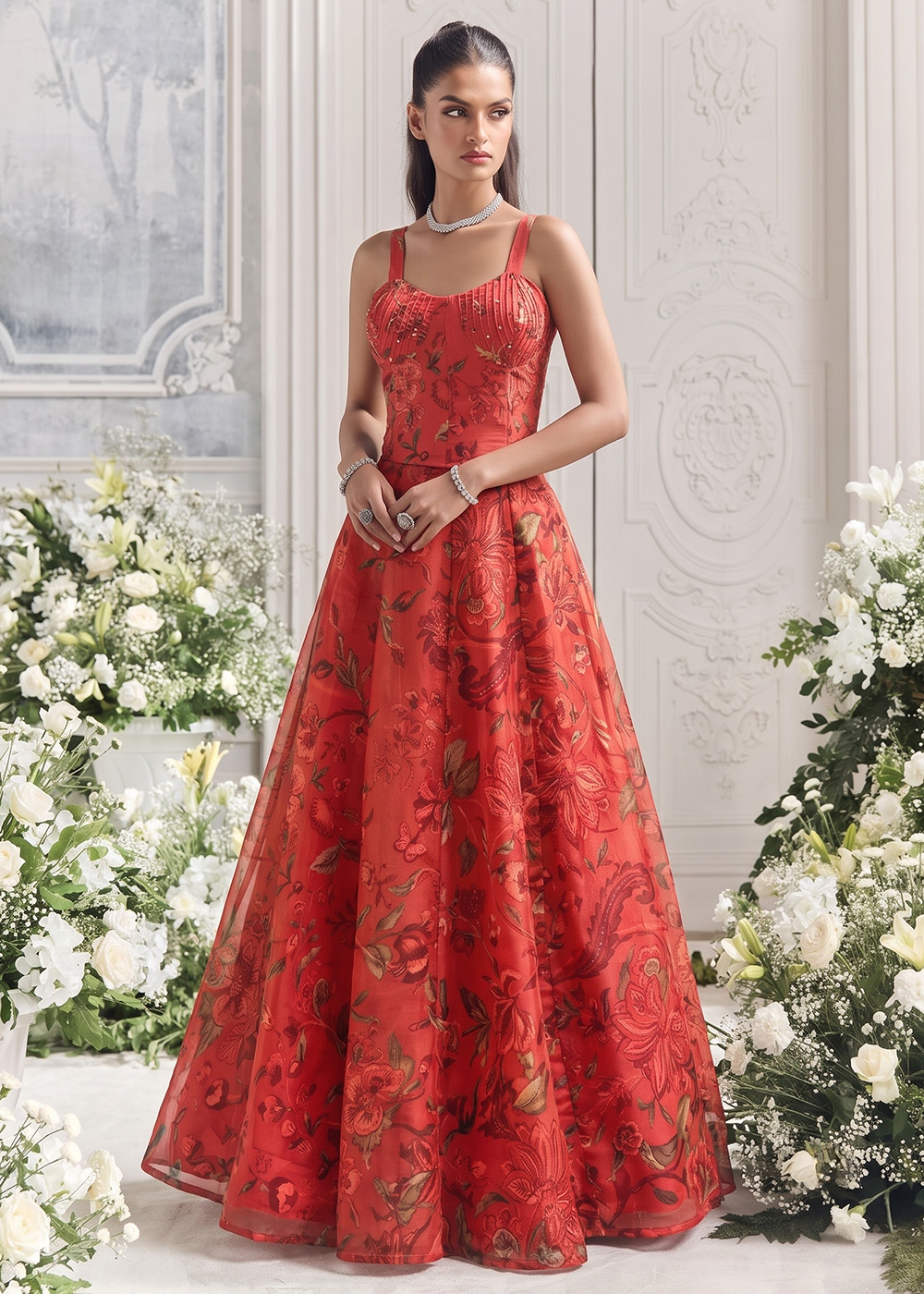 Buy Now Red Floral Tabby Organza Party Wear Lehenga Set Online in US, UK, Canada, France, Italy, Germany, Sweden, Austria, Switzerland &amp; Worldwide at Empress.