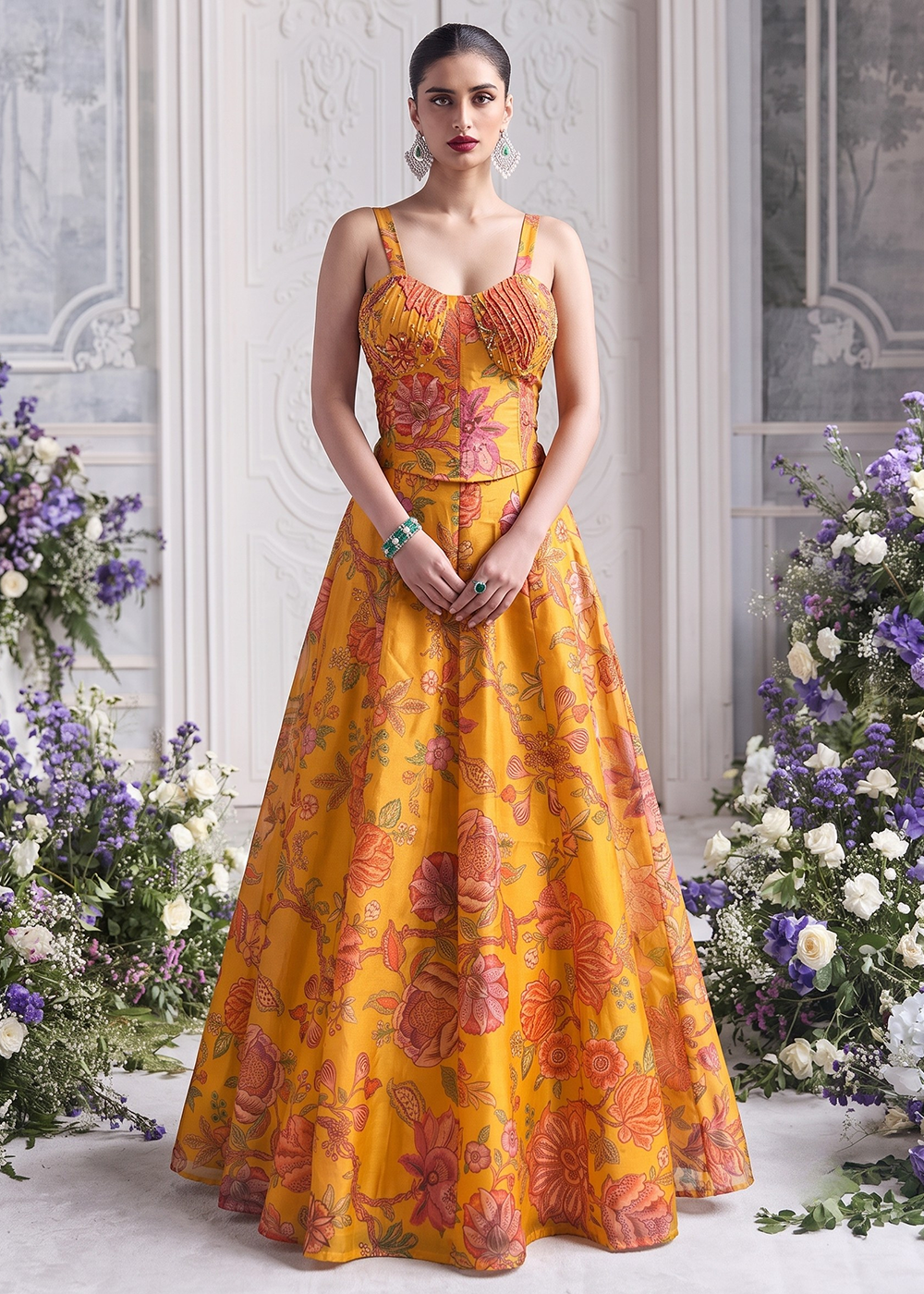 Buy Now Mustard Floral Tabby Organza Party Wear Lehenga Set Online in US, UK, Canada, France, Italy, Germany, Sweden, UAE, Switzerland &amp; Worldwide at Empress.