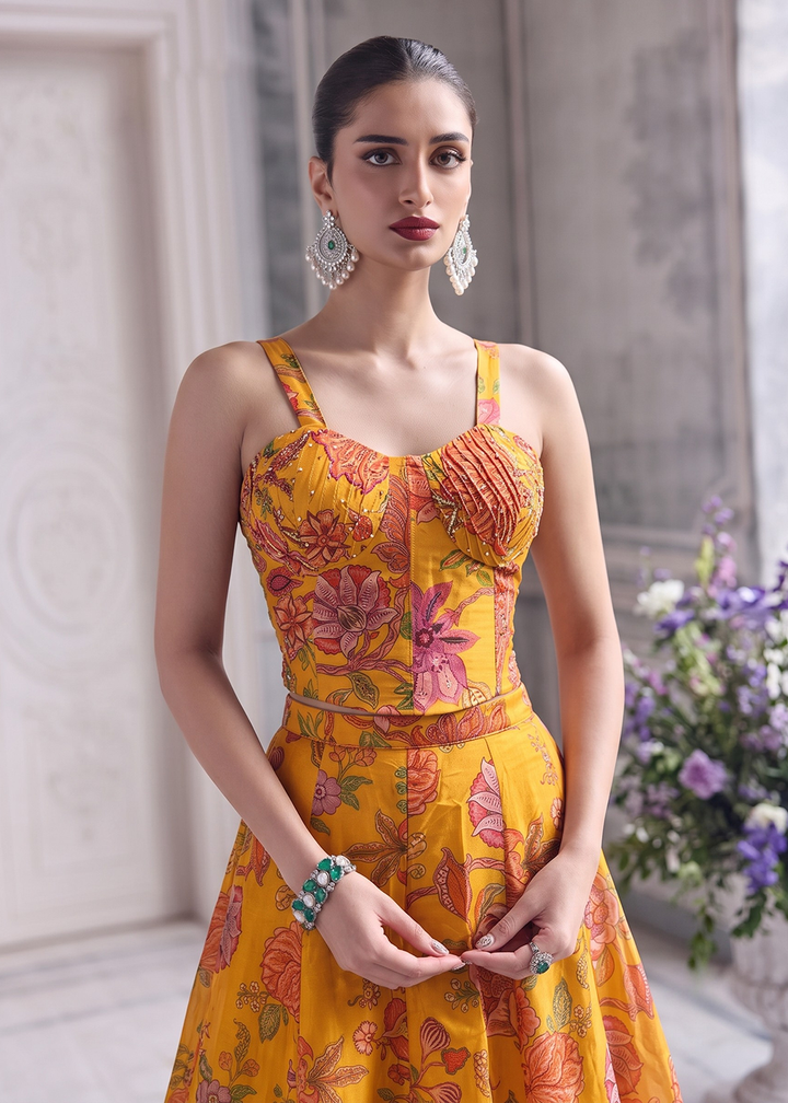 Buy Now Mustard Floral Tabby Organza Party Wear Lehenga Set Online in US, UK, Canada, France, Italy, Germany, Sweden, UAE, Switzerland &amp; Worldwide at Empress.