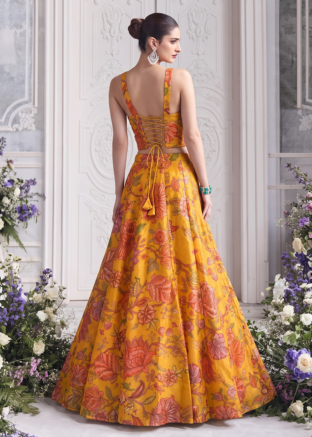 Buy Now Mustard Floral Tabby Organza Party Wear Lehenga Set Online in US, UK, Canada, France, Italy, Germany, Sweden, UAE, Switzerland &amp; Worldwide at Empress.
