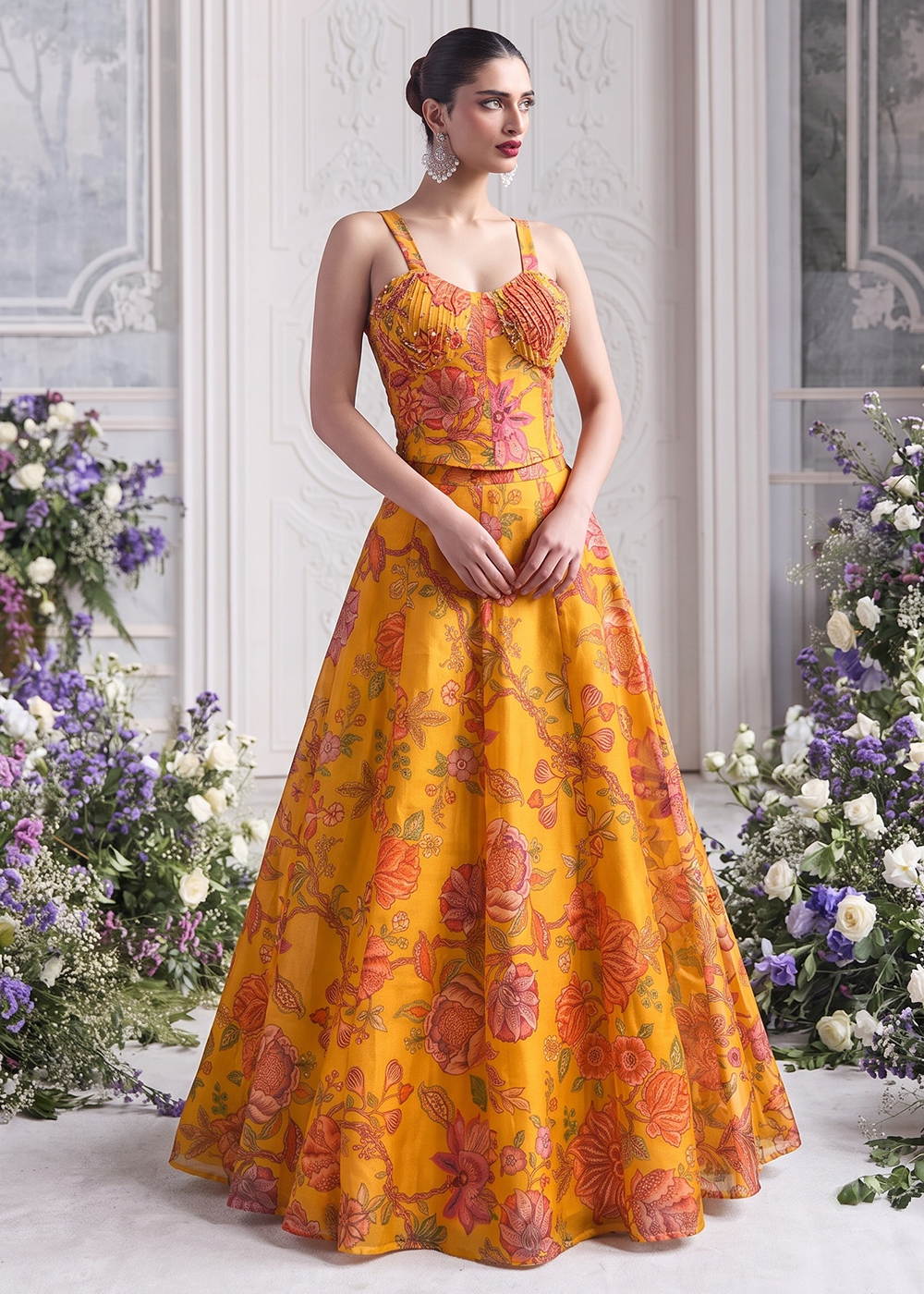 Buy Now Mustard Floral Tabby Organza Party Wear Lehenga Set Online in US, UK, Canada, France, Italy, Germany, Sweden, UAE, Switzerland &amp; Worldwide at Empress.