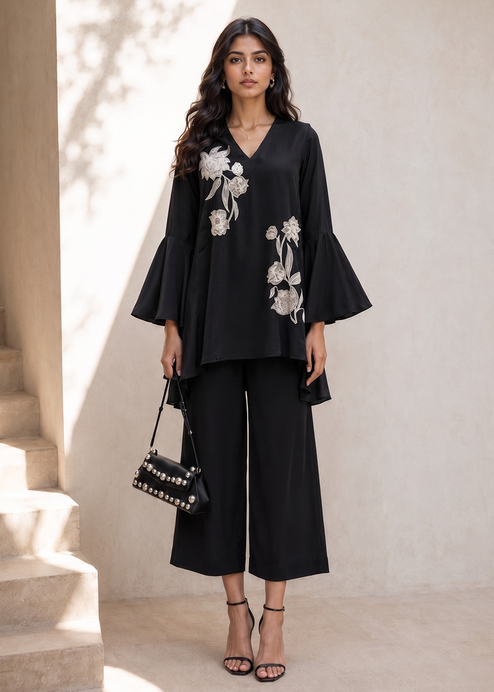 Buy Now Beautiful Black Natural Crepe Indo-Western Co Ords Set Online in USA, UK, Canada, Germany, Australia, Netherlands, UAE &amp; Worldwide at Empress Clothing.