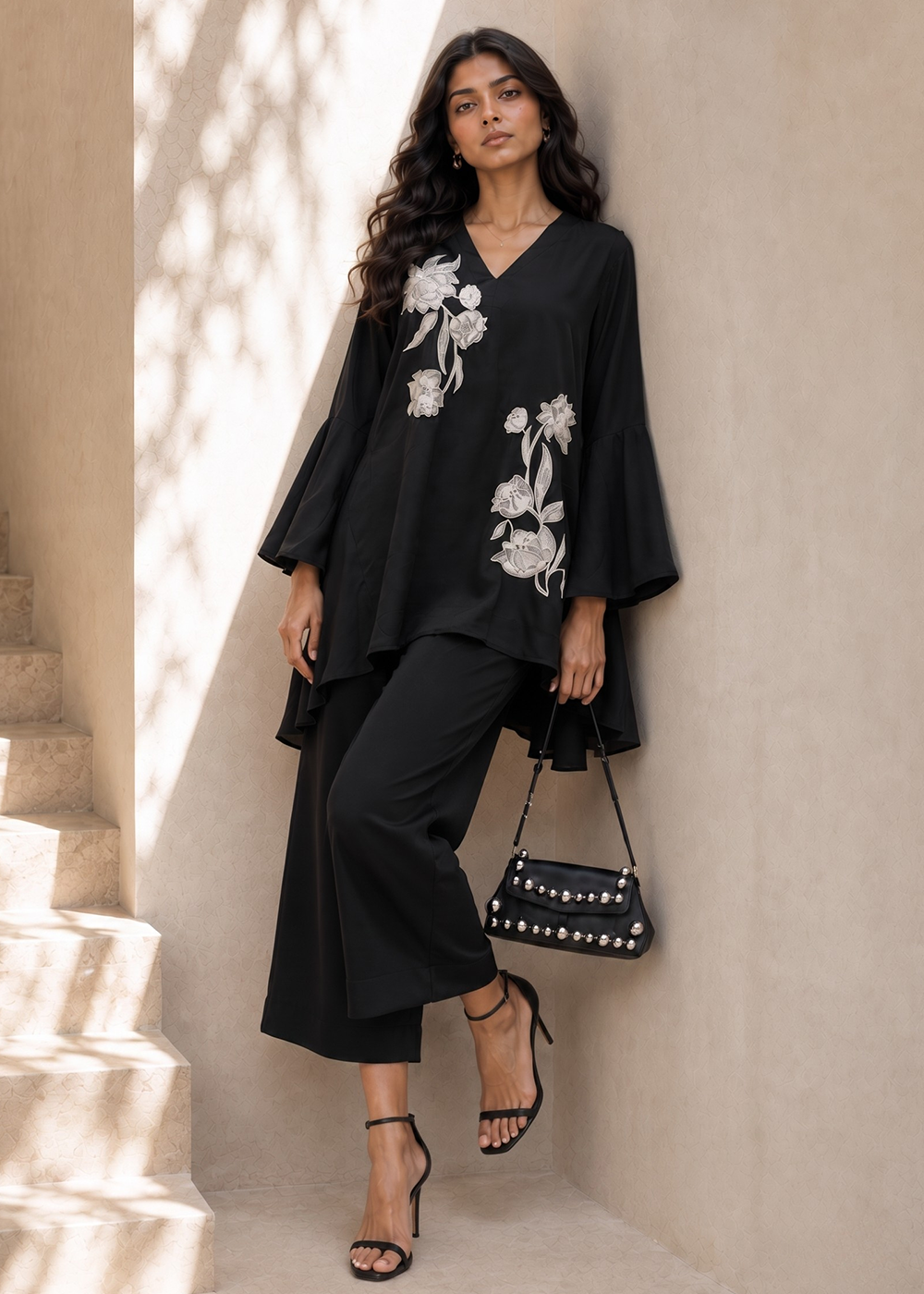 Buy Now Beautiful Black Natural Crepe Indo-Western Co Ords Set Online in USA, UK, Canada, Germany, Australia, Netherlands, UAE & Worldwide at Empress Clothing.