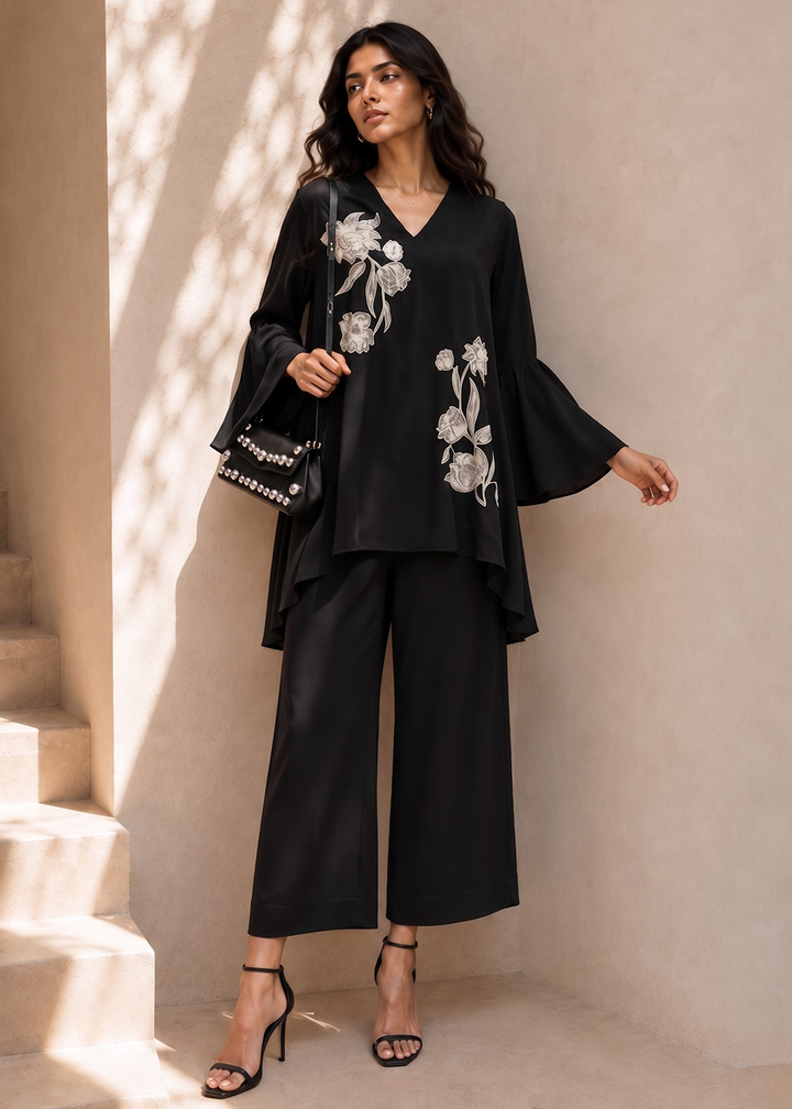 Buy Now Beautiful Black Natural Crepe Indo-Western Co Ords Set Online in USA, UK, Canada, Germany, Australia, Netherlands, UAE &amp; Worldwide at Empress Clothing.