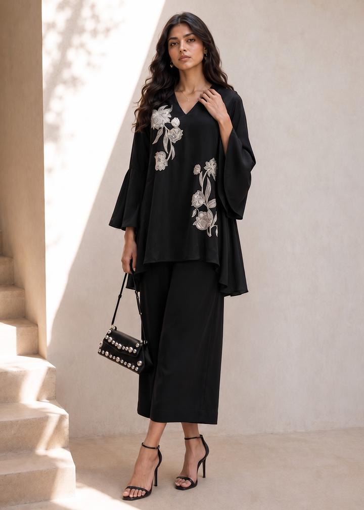 Buy Now Beautiful Black Natural Crepe Indo-Western Co Ords Set Online in USA, UK, Canada, Germany, Australia, Netherlands, UAE &amp; Worldwide at Empress Clothing.
