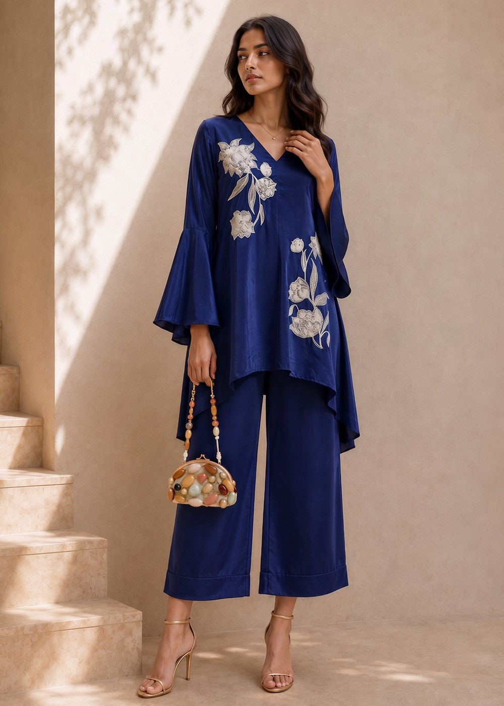 Buy Now Beautiful Blue Natural Crepe Indo-Western Co Ords Set Online in USA, UK, Canada, Germany, Australia, Netherlands, UAE &amp; Worldwide at Empress Clothing.