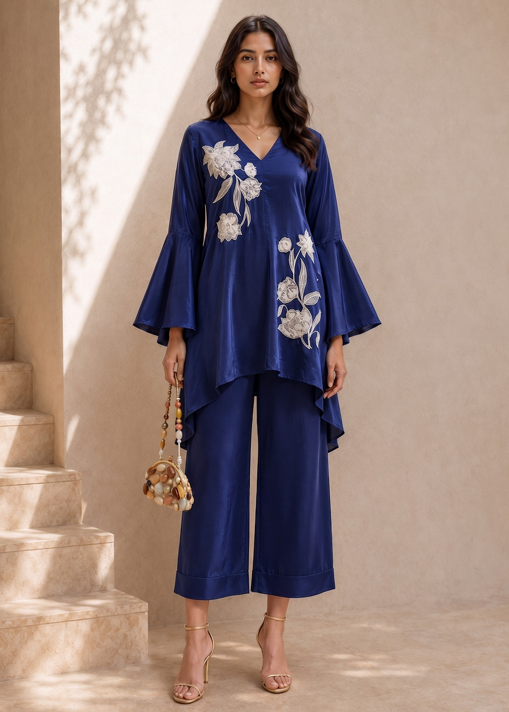 Buy Now Beautiful Blue Natural Crepe Indo-Western Co Ords Set Online in USA, UK, Canada, Germany, Australia, Netherlands, UAE &amp; Worldwide at Empress Clothing.