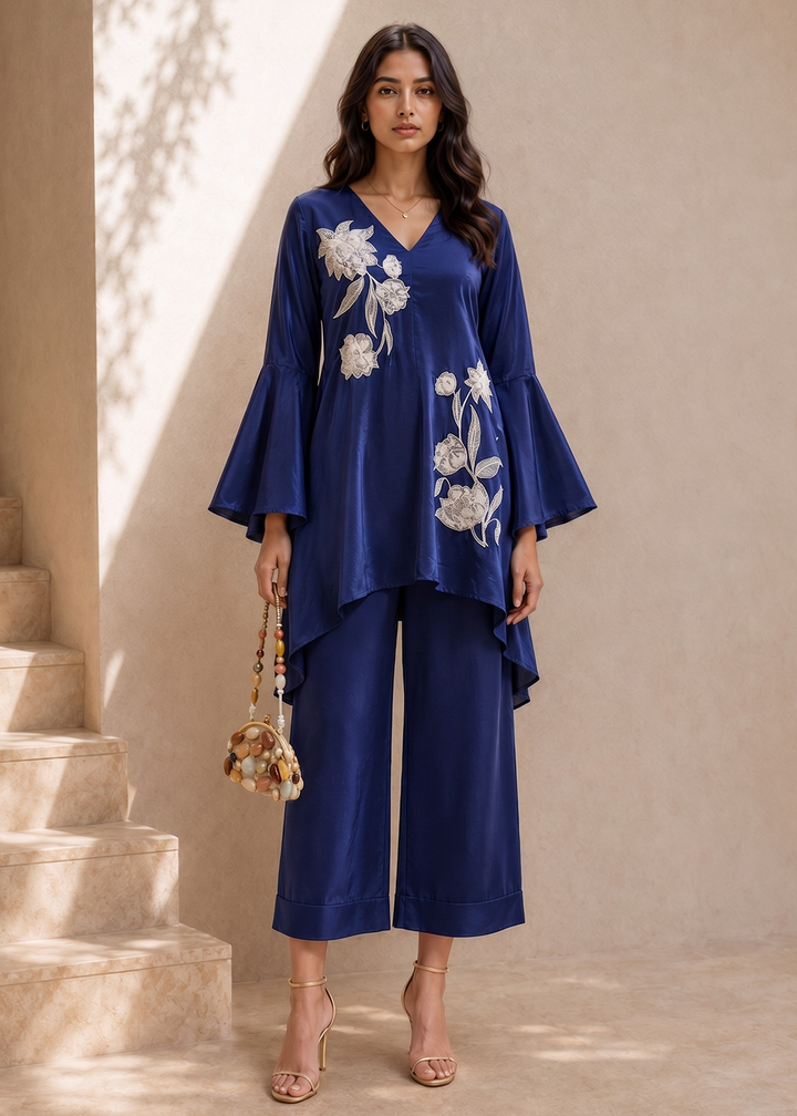 Buy Now Beautiful Blue Natural Crepe Indo-Western Co Ords Set Online in USA, UK, Canada, Germany, Australia, Netherlands, UAE &amp; Worldwide at Empress Clothing.