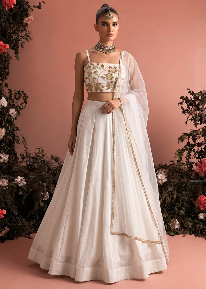 Buy Now Cream Roman Silk &amp; Net Party Wear Lehenga Dress Online in US, UK, Canada, France, Italy, Germany, Sweden, UAE, Switzerland &amp; Worldwide at Empress.