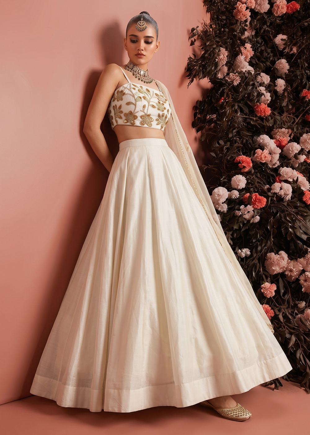 Buy Now Cream Roman Silk &amp; Net Party Wear Lehenga Dress Online in US, UK, Canada, France, Italy, Germany, Sweden, UAE, Switzerland &amp; Worldwide at Empress.