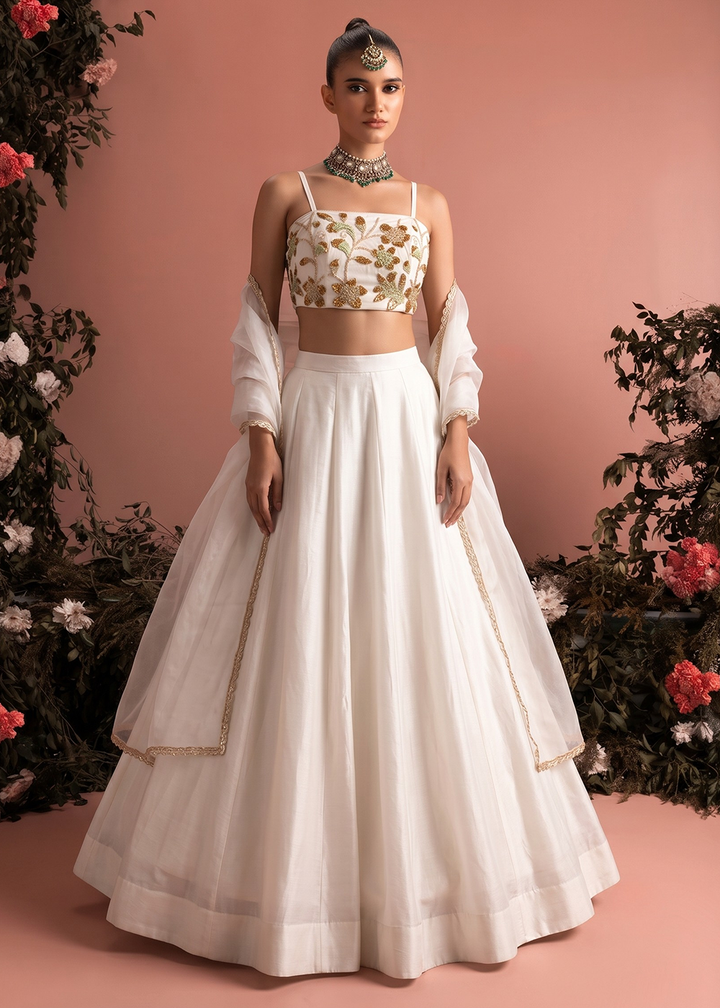 Buy Now Cream Roman Silk &amp; Net Party Wear Lehenga Dress Online in US, UK, Canada, France, Italy, Germany, Sweden, UAE, Switzerland &amp; Worldwide at Empress.